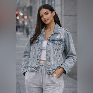 Vintage Y2K Eighty Two Distressed Denim Jacket Light Wash 100% Cotton | Size M